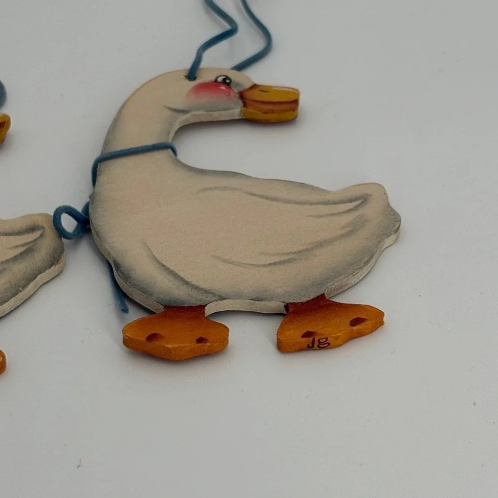 Vintage Country Goose Ornaments Set of 3 Wooden Blue Ribbon Grandmacore Handmade